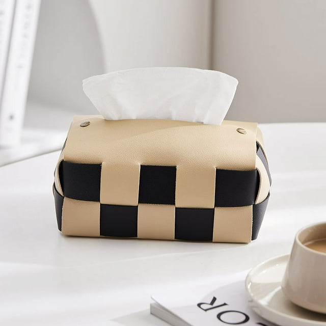 Artisan-Woven Leather Tissue Box with Chessboard Design – Multifunctional Roll Paper Holder for Home, Living Room & Office, Practical Storage Solution in Cream White