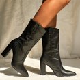 thumbnail image 6 of jsaierl Womens Sock Booties Leather Heels Ankle Boots Pointed Toe Chunky Heel Lace Up Mid Calf High Riding Boots, 6 of 7