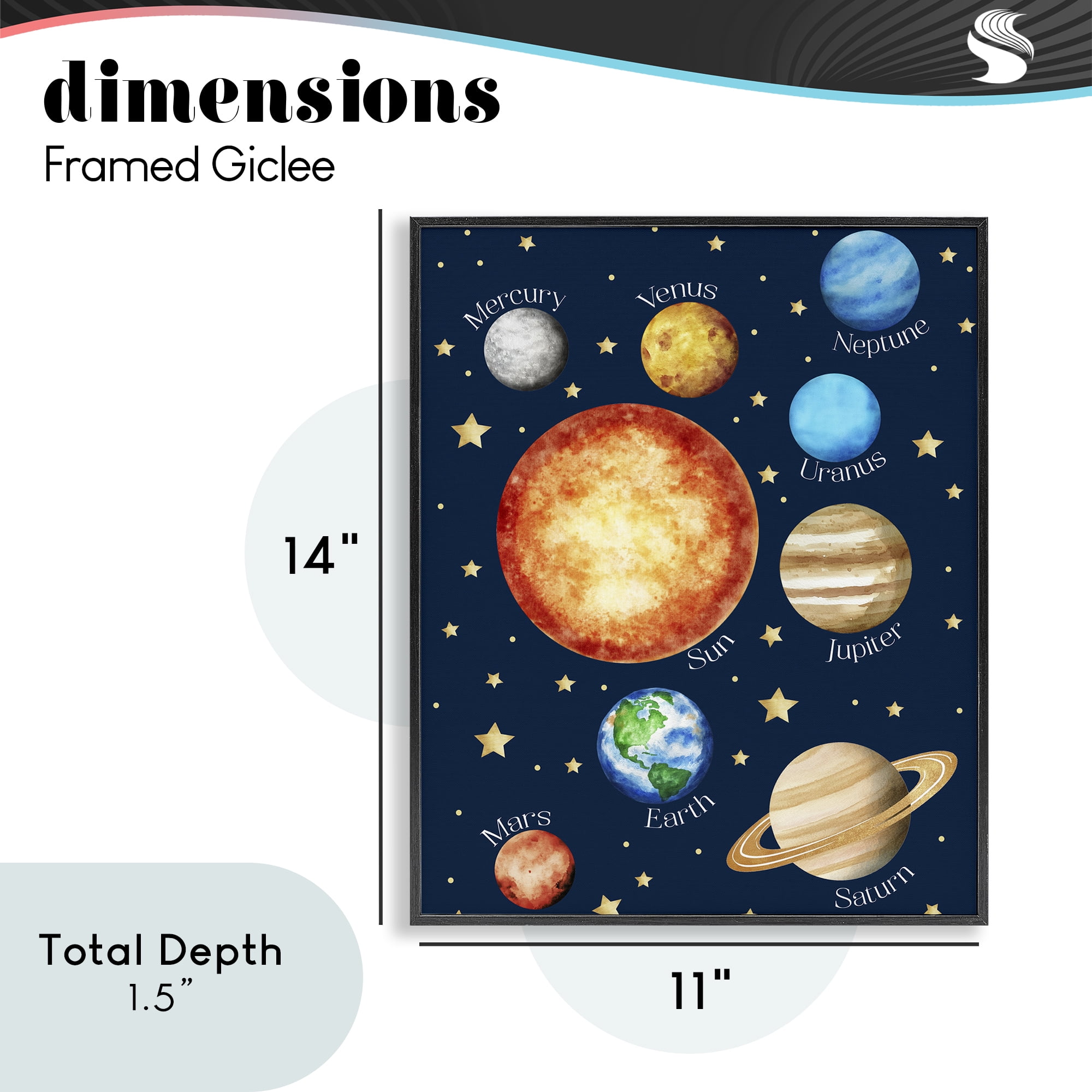 Educational Solar System Space Black Framed Giclee Art, design by Christine Simpson Art