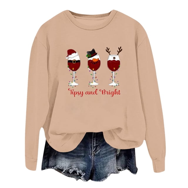 VBARHMQRT Sweat à Capuche Graphique pour Femmes Automne/hiver Mode Chandail en Molleton Imprimé Verre de Noël Col Rond