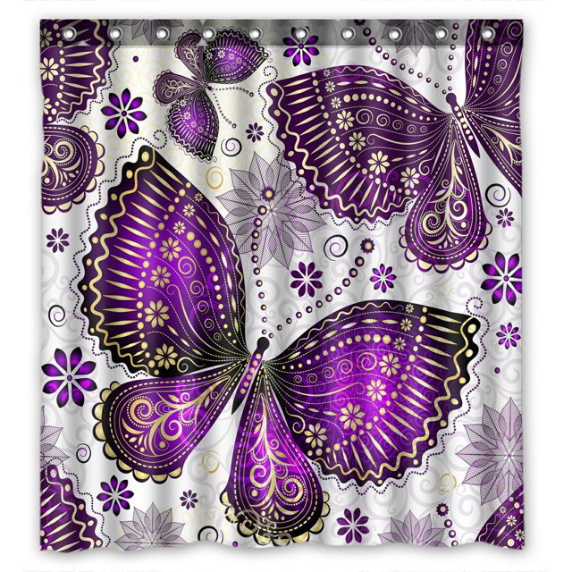 ABPHQTO Primavera Violeta Oro Mariposas Flores Cortina de ducha de poliéster impermeable y ganchos 160x180 cm