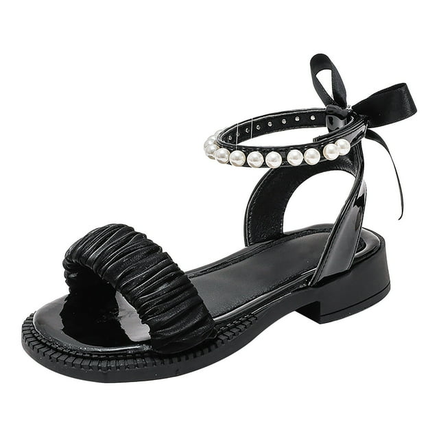 MIASHUI Sandales Filles Enfants Été Perle Nœud Robe Princesse Mariage Fête,Noir,8-9 Ans