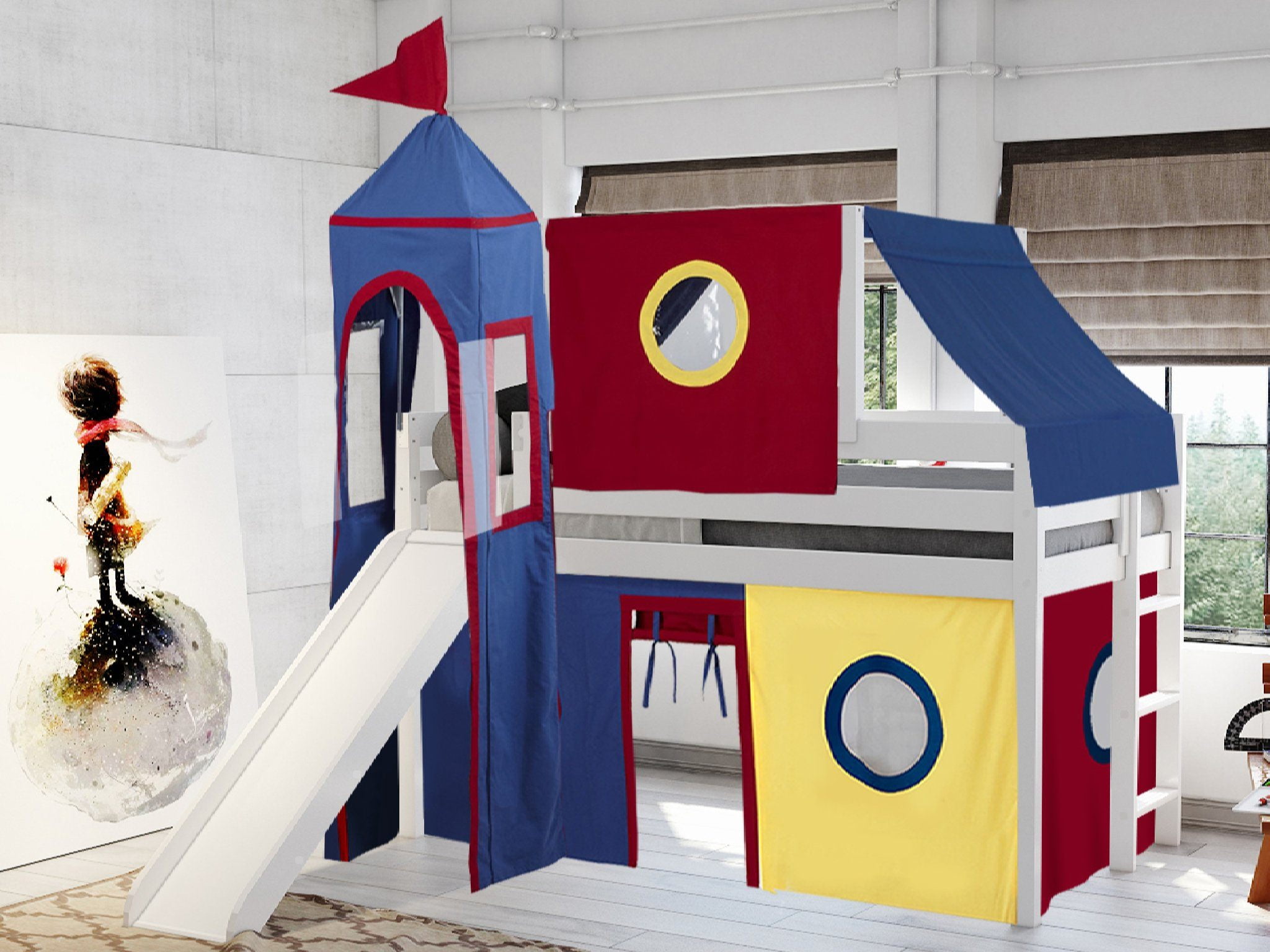 Jackpot Castle Low Loft Bed with Slide Red & Blue Tent and Tower, Loft