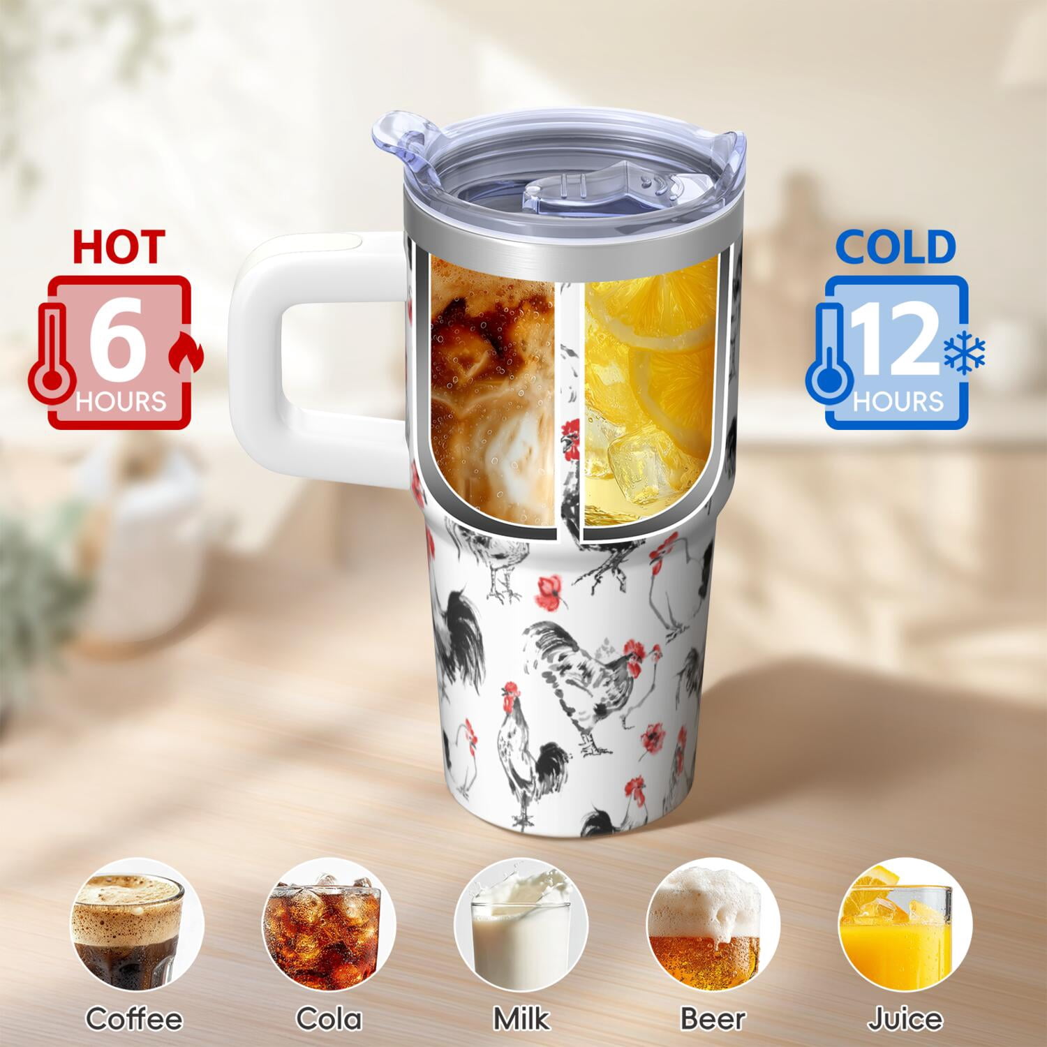 20oz Barnyard Chicken Tumbler with Handle Practical Birthday Christmas Gift for Chicken Fans Women Men Insulated Travel Mug Cup Holder Friendly Durable Build Hot Tea Cold Water Office Home Use