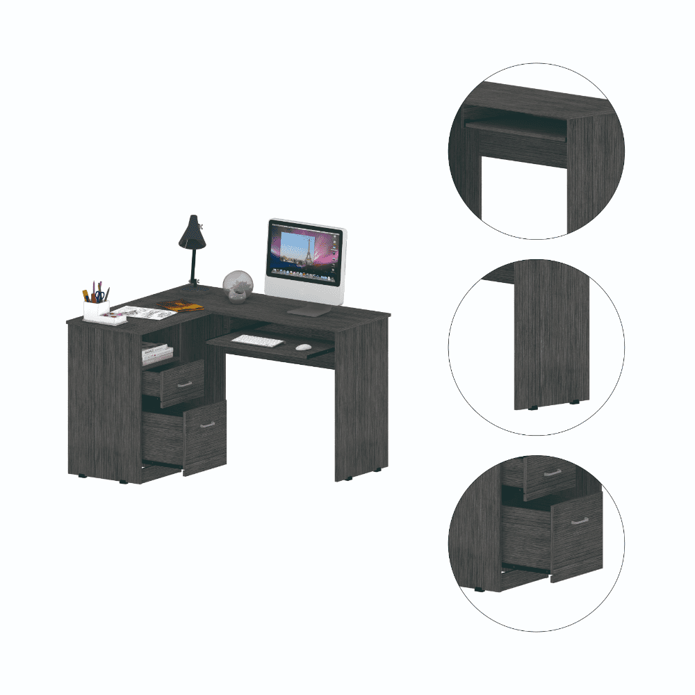 Mix L-Shaped Desk, Keyboard Tray, Two Drawers, Single Open Shelf Smokey Oak