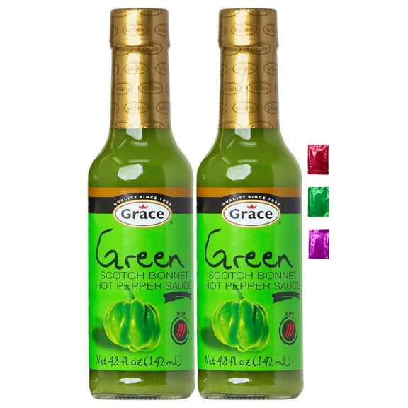 Grace Green Scotch Bonnet Hot Pepper Sauce 4.8 Fl Oz 2 Pack, Authentic Jamaican Hot Sauce for Cooking Marinade Dips Grilling, Bold Spicy Caribbean Seasoning Condiment w/ Snoep in Beperkte Oplage