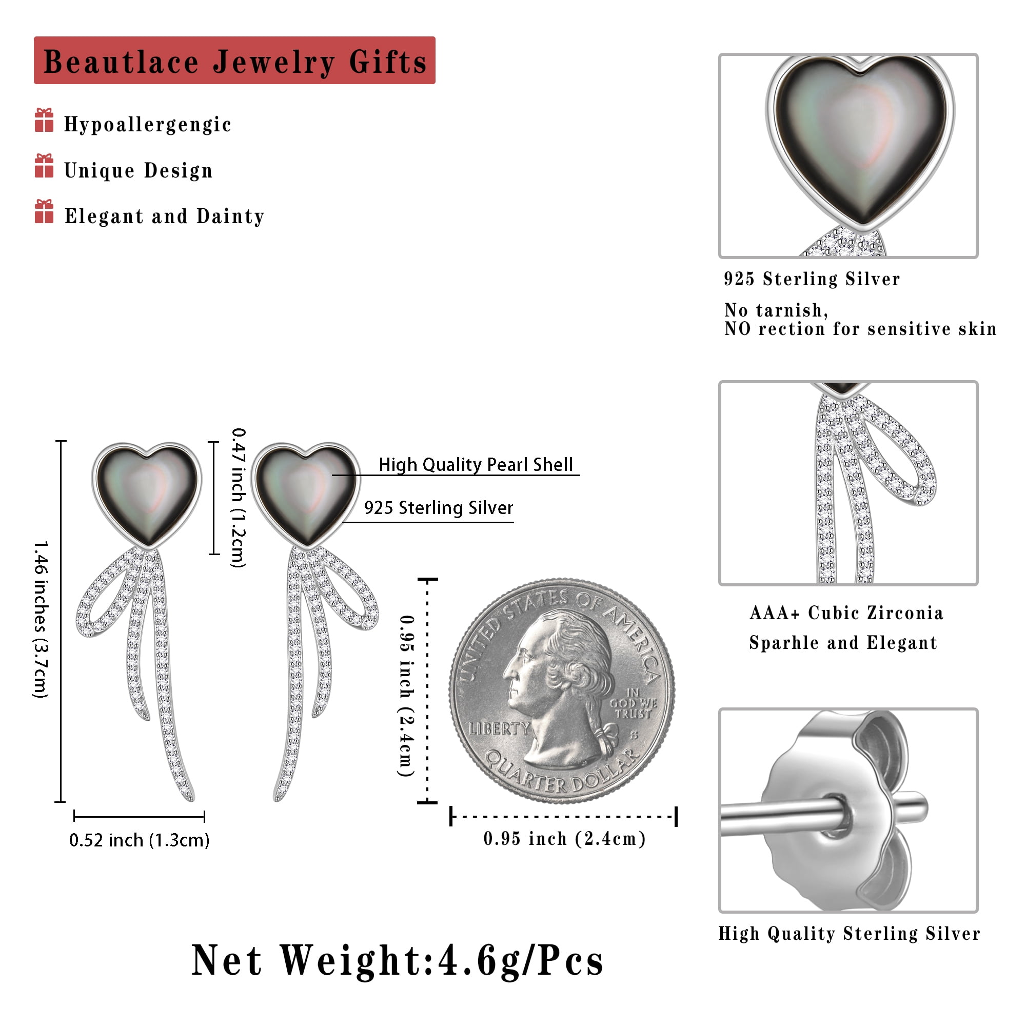 Beautlace Heart Earrings Studs,Versatile 2-in-1 Black Pearl Shell Sterling Silver Dangle Earrings Birthday/Valentines/Christmas Gifts for Women