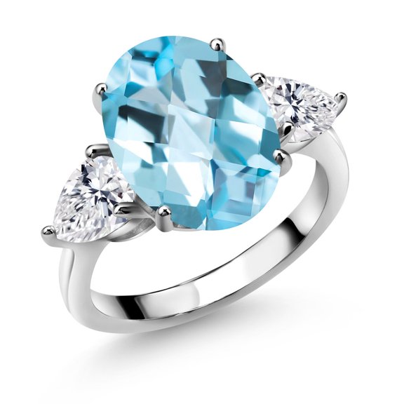 Gem Stone King 925 Sterling Silver Sky Blue Topaz and Lab Grown Diamond Engagement Ring for Women | 8.24 Cttw | Oval Checkerboard 14X10MM | Gemstone November Birthstone | Size 9