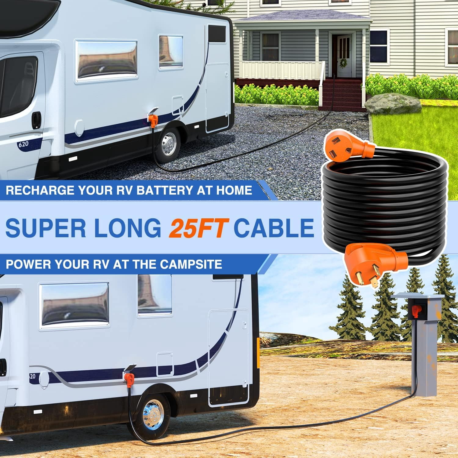 Nilight 30 Amp 25FT RV Extension Cord 125V Heavy Duty 10 Gauge Pure Copper STW Wire UL ETL Listed 3 Prong TT-30P TT-30R 30F/30M Weatherproof Cord Suit for RV Camper Caravan Trailer, 2 Years Warranty