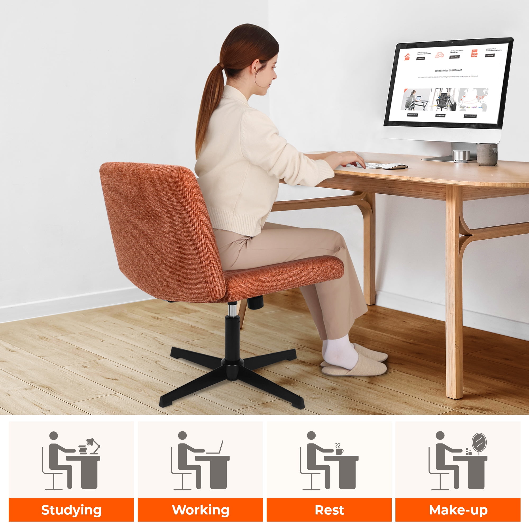 NEO CHAIR Criss Cross Chair No Wheels Armless&nbsp;Comfy Desk Chair Wide Vanity Makeup&nbsp;Cross Legged Office Adjustable Computer Task for Home Office Fabric (Brown)