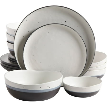 - Gibson Elite Rhinebeck 16 Piece Double Bowl Dinnerware Set, White/Black - 10.75