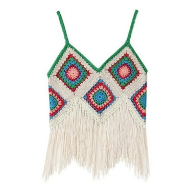 Women Ethnic Spaghetti Strap Camisole Boho Crochet Contrast Colored Plaid Crop Top Fringe Tassels Hem Knitted Hippie Sling Vest Beachwear