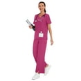 thumbnail image 3 of cimmuovere 2pcs Solid Color V-Neck Short Sleeve Top And Slit Pants Lab Coat Nurse Uniform Scrub Set Service Uniform Scrub Set For Pet Clinics, Private Care And Hospital, With Pockets, 3 of 6