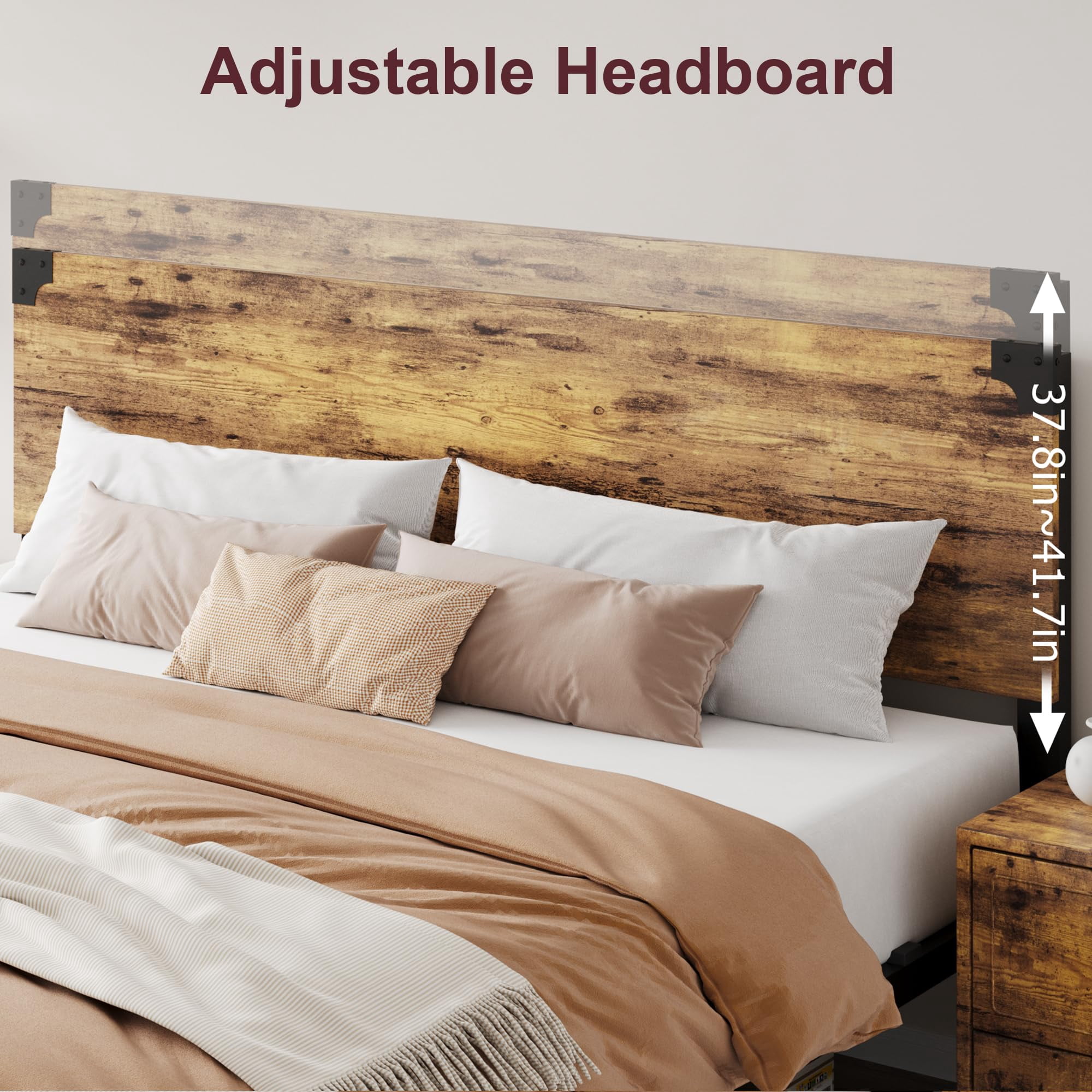 King Bed Frame with Headboard, King Platform Bed Frame with Under Bed Storage and Metal Legs, King Size Bed Frame for Noise Free, Brown