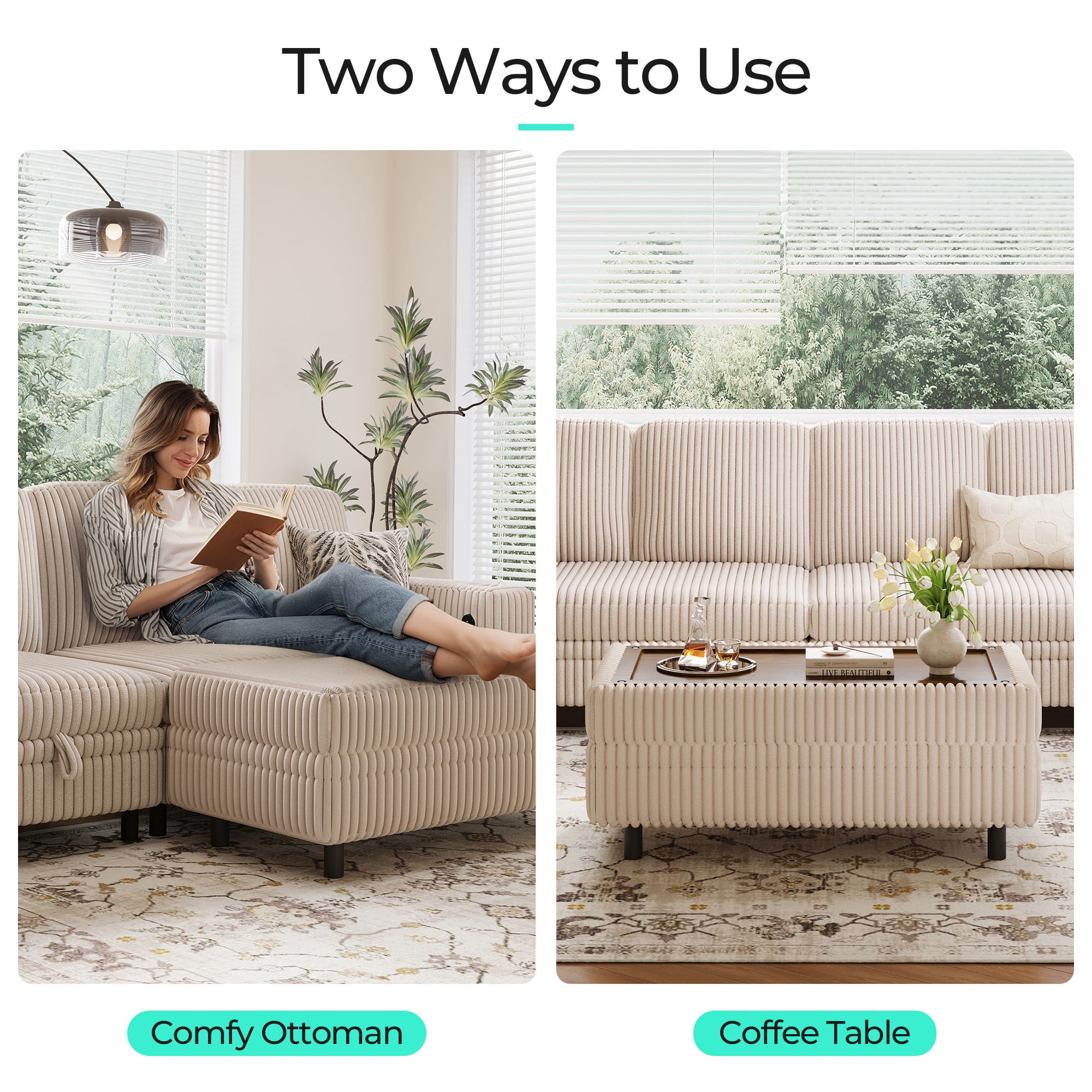 Linsy Home Plush Corduroy Storage Ottoman, Upholstered Ottoman Bench for Sofa, Coffee Table or Footrest, for Living Room, Bedroom or Entryway, Beige