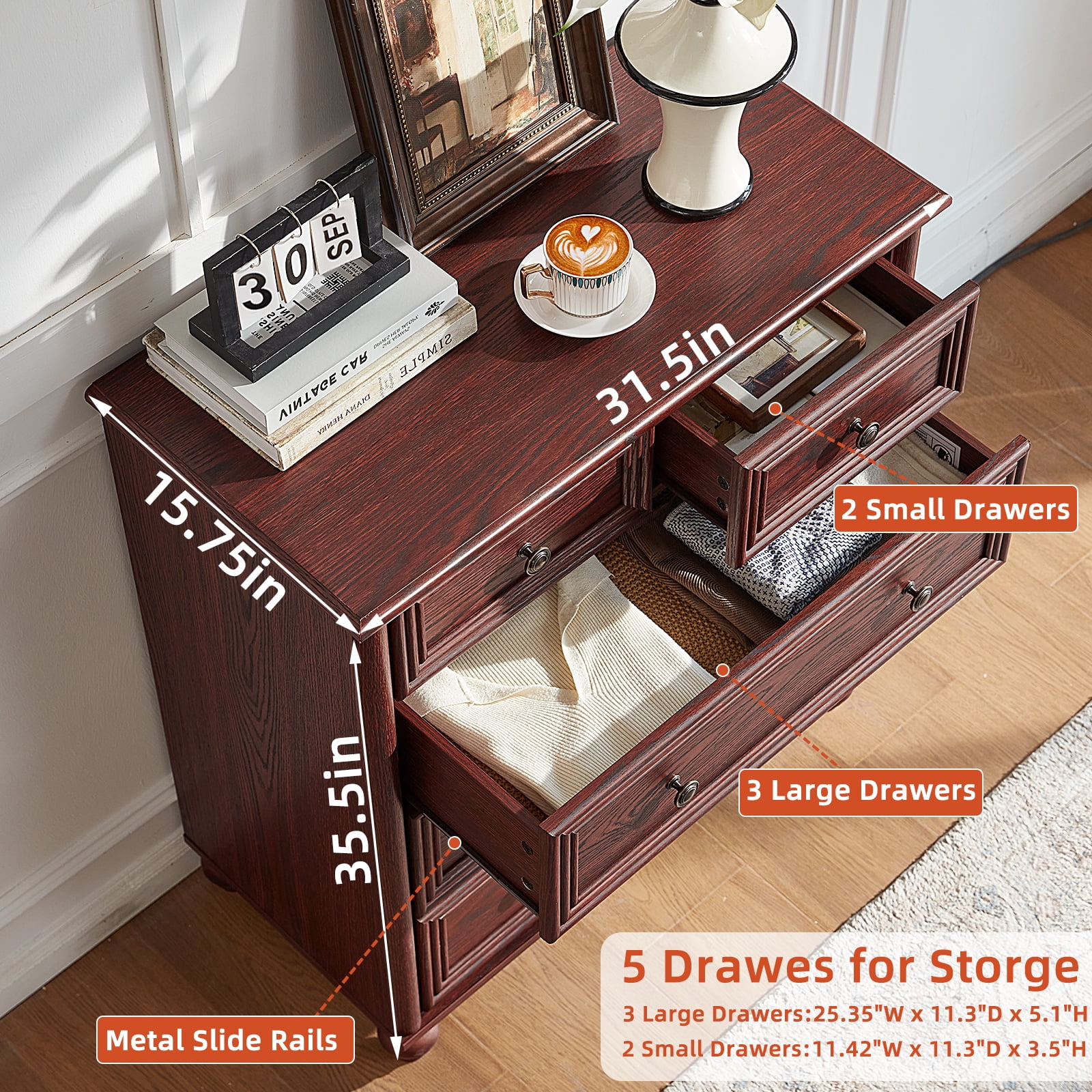 Farmhouse Red Oak Dresser of 5 Drawers, Dresser Chest with Easy Pull Handle for Bedroom, Living Room