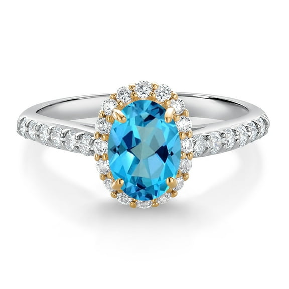 Gem Stone King 10K White Gold American Blue Mystic Topaz White White Lab Grown Diamond Halo Engagement Ring for Women (1.31 Cttw, Oval 7X5MM, Gemstone, Size 6)