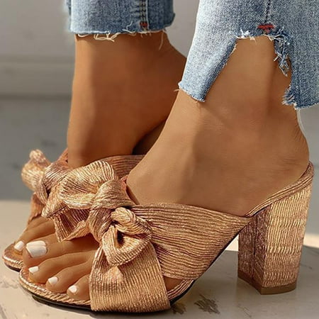 

HIBRO Women s Sandals Chunky High Heels Ladies Bowknot Slippers Roman Shoes