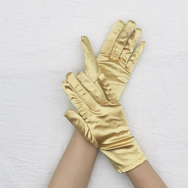 Xiao Hua Guantes cortos de satén para mujer, para niño y adulto, para boda, fiesta, hasta la muñeca, para vestido, ópera, dorados.
