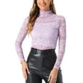 thumbnail image 1 of Allegra K Blouse en Dentelle Florale Transparente à Manches Longues Col Roulé pour Femmes L Violet Clair, 1 of 6