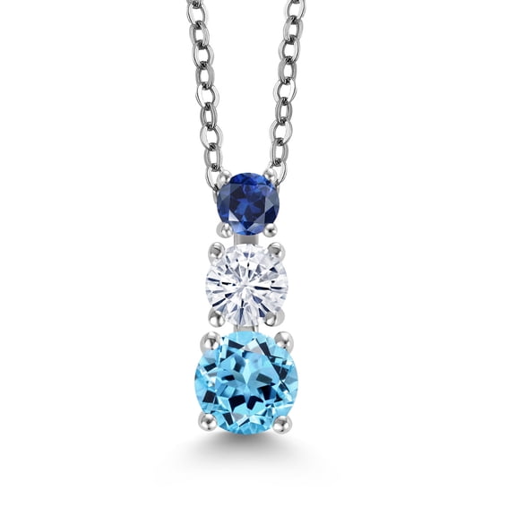 Gem Stone King Swiss Blue Topaz White Moissanite Blue Created Sapphire 3 Stone Pendant Necklace for Women (1.02 cttw, Gemstone Birthstone, Round 5MM, 4MM and 3MM, with 18 inch Chain)