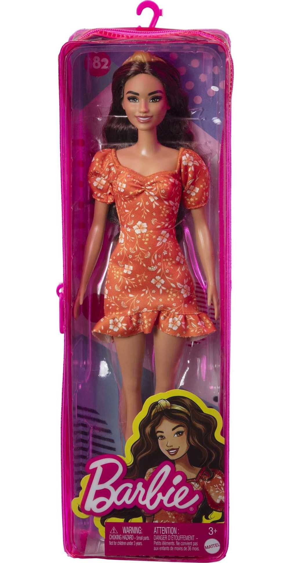 Barbie Fashionistas Doll #182 with Wavy Brunette Hair & Headband in Orange Floral Dress & Heels