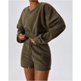 thumbnail image 2 of Women Two Piece Outfits Tracksuit Half Zip Lapel Cap Sleeve Sweatshirt High Waist Drawstring Shorts Set Sweatsuit, 2 of 6