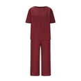 thumbnail image 5 of ZQUUVOU Women's Solid 2 Piece Set Cotton Linen Short Sleeve Loose Round Neck Summer Tops Pants with Pocket Burgundy B, 5 of 8