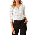 thumbnail image 5 of Unique Bargains Junior's Spring Plaid 3/4 Sleeve Check Button Decor Tops White M, 5 of 6