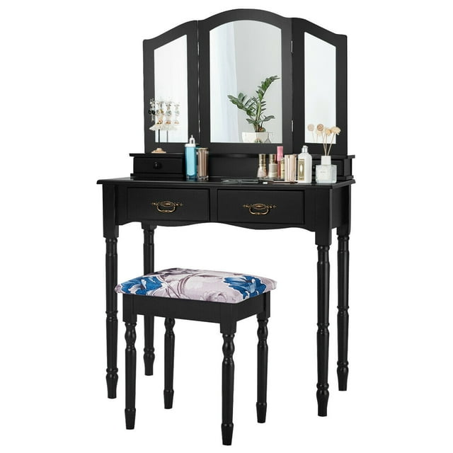 Costway Coiffeuse à Trois Volets avec Miroir, Table de Maquillage avec Tabouret, 4 Tiroirs, Noir