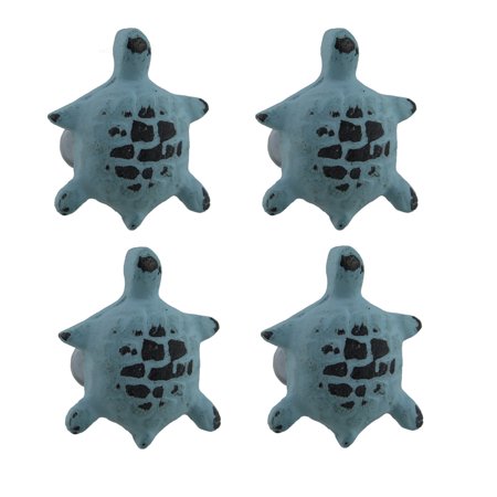 Set Of 4 Distressed Finish Aquamarine Blue Cast Iron Turtle Drawer