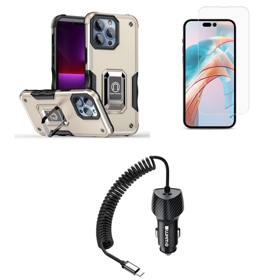 Bemz Phone Case for iPhone 15 Pro with Camera Protection Heavy Duty Magnetic Kickstand Cover, Glass Screen Protector, 40W Car Charger (USB-C Port) - 5 Foot (Titanium Gold)