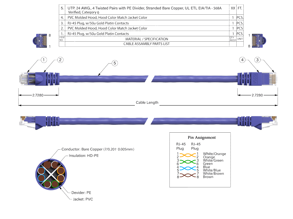 Cable Leader 50ft Cat6 UTP Ethernet Network Patch Cable Snagless 24AWG Bare Copper, Purple
