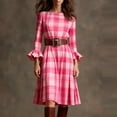 thumbnail image 2 of VEKDONE Women's Plaid Midi Dress Bell Sleeve Crewneck Knee Length Dress Casual Loose Fit Vintage Cowgirl Style Dress Fashion Clothes Pink XXL, 2 of 7