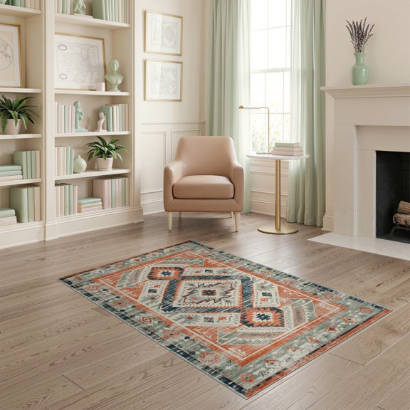 ODIKA Aztec Vintage Mosaic Southwestern Grid Border Motif Stripe Stepped Pet Friendly & Kids Safe Play for Playroom, Bedroom, Reading Nook