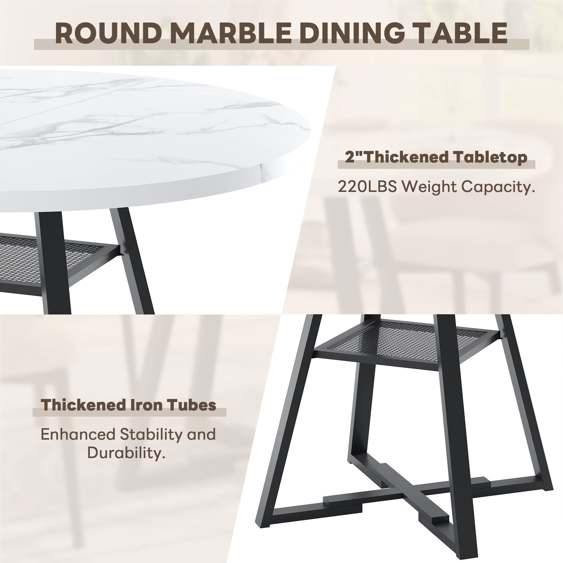 PAPROOS Round Dining Table, 43'' Faux Marble Dining Table with Storage Shelf, Circle Dining Table for Dining Room, Modern Kitchen Table for 4 People, White(Only Table)