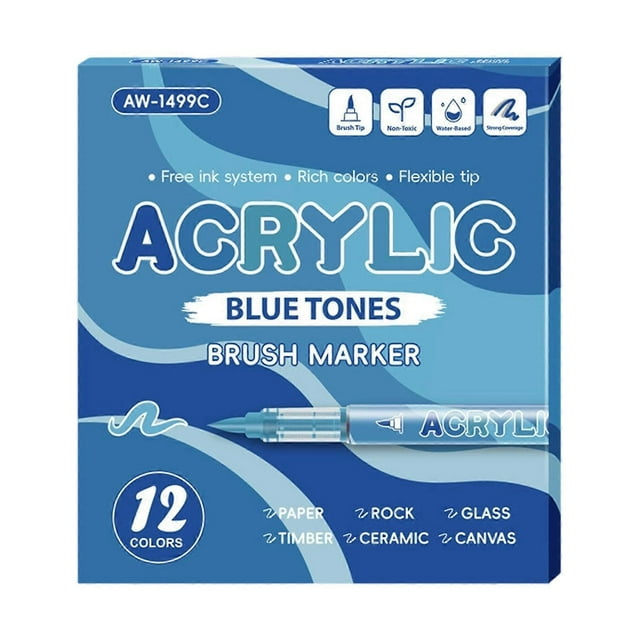 Acrylic Paint Marker 12 Color Soft Brush Tip Liquid Acrylic Paint Pen for Drawing on Paper Stone Rock Canvas Wood Glass Multicolor