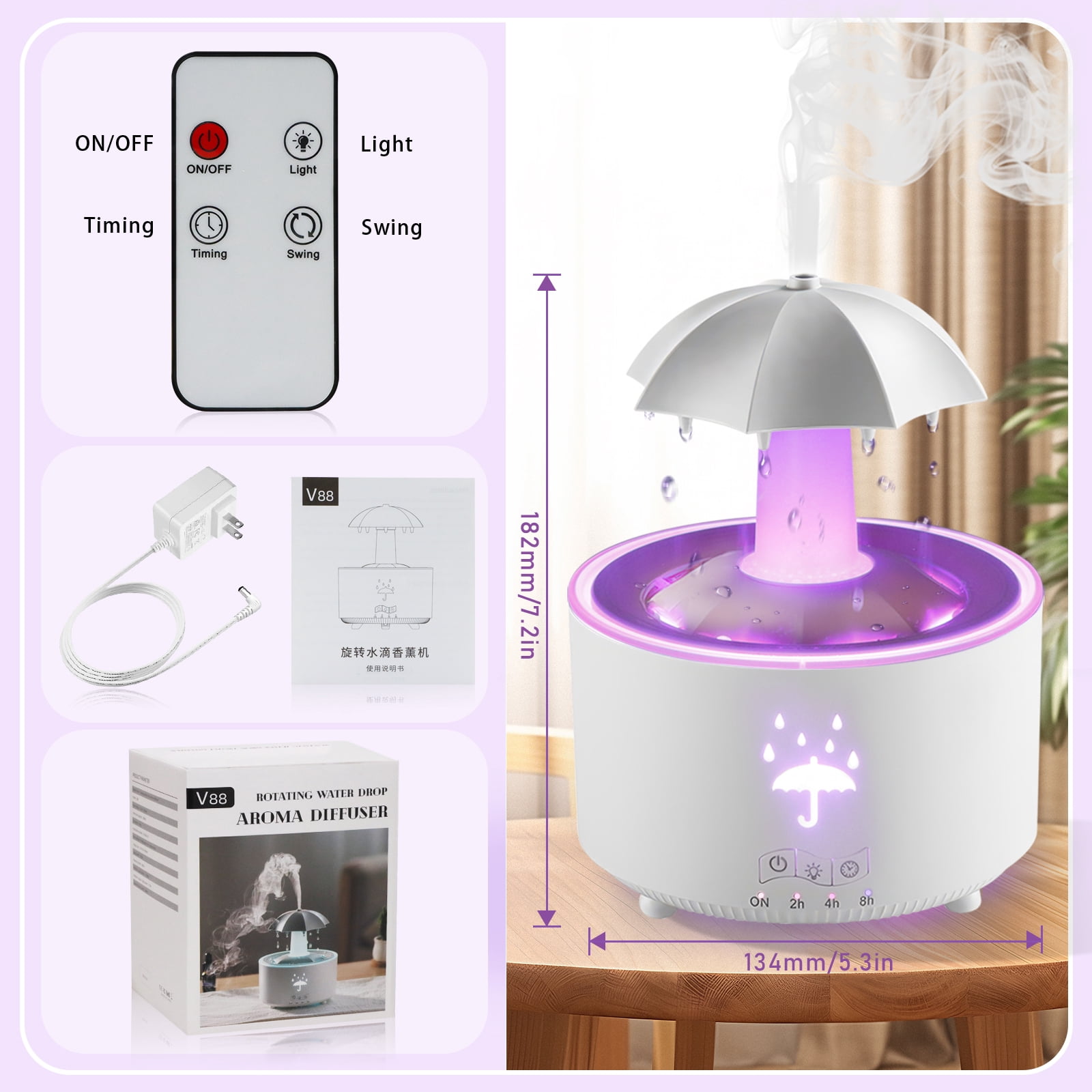 Humidifier for Bedroom, 7-Color Rotating Umbrella Diffuser with Rain Drop Effect, 300ML Small Humidifier Aroma Diffuser with Remote & Timer, Funny Rain Humidifier Gift for Kids Teen Women