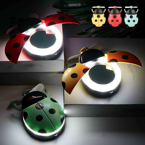Mini ventilador portátil USB y espejo de maquillaje con luz nocturna - Diseño compacto portátil de 10,5x7cm, batería de 500mAh, carga rápida de 3-4 horas