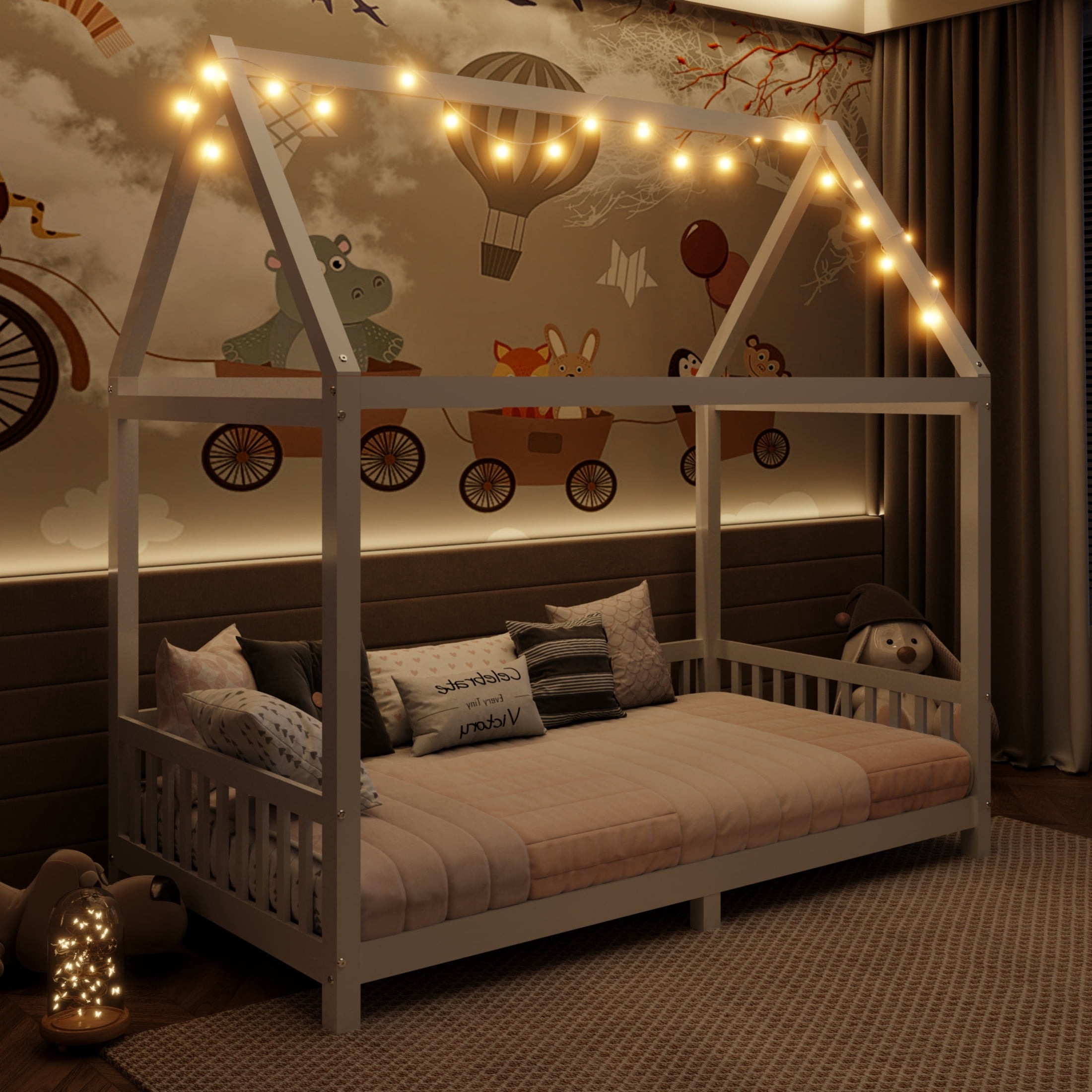 Noble House Auburn Twin Size Wood House Bed with Integrated Guardrail and LED Lights, Sturdy 4-Poster Play Bed, White