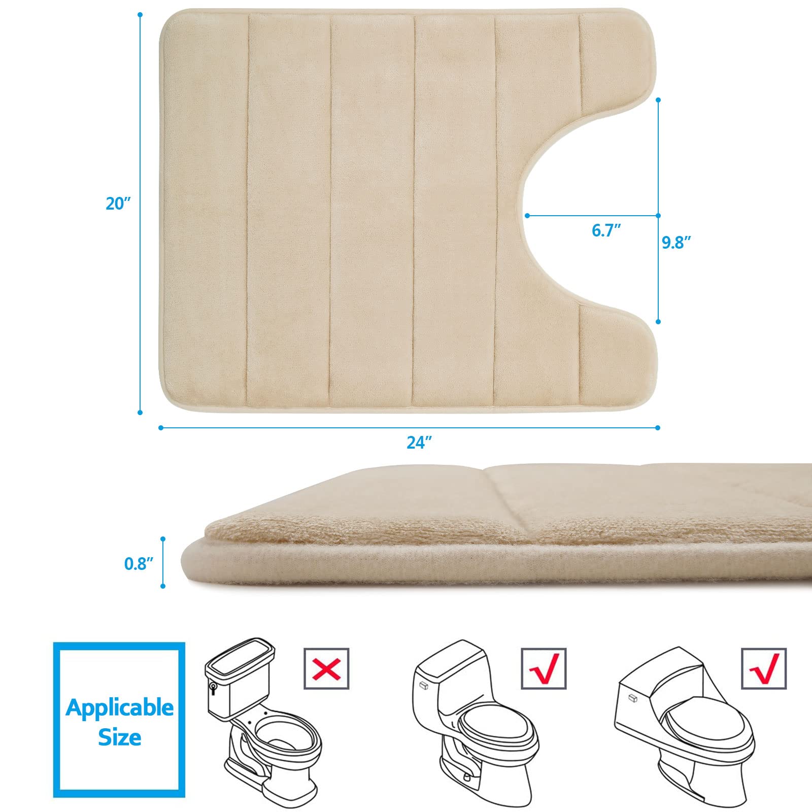 Smiry Memory Foam Bathroom rugs Toilet mats, U-Shaped Contour Carpet, 20" x 24", Beige - image 5 of 8