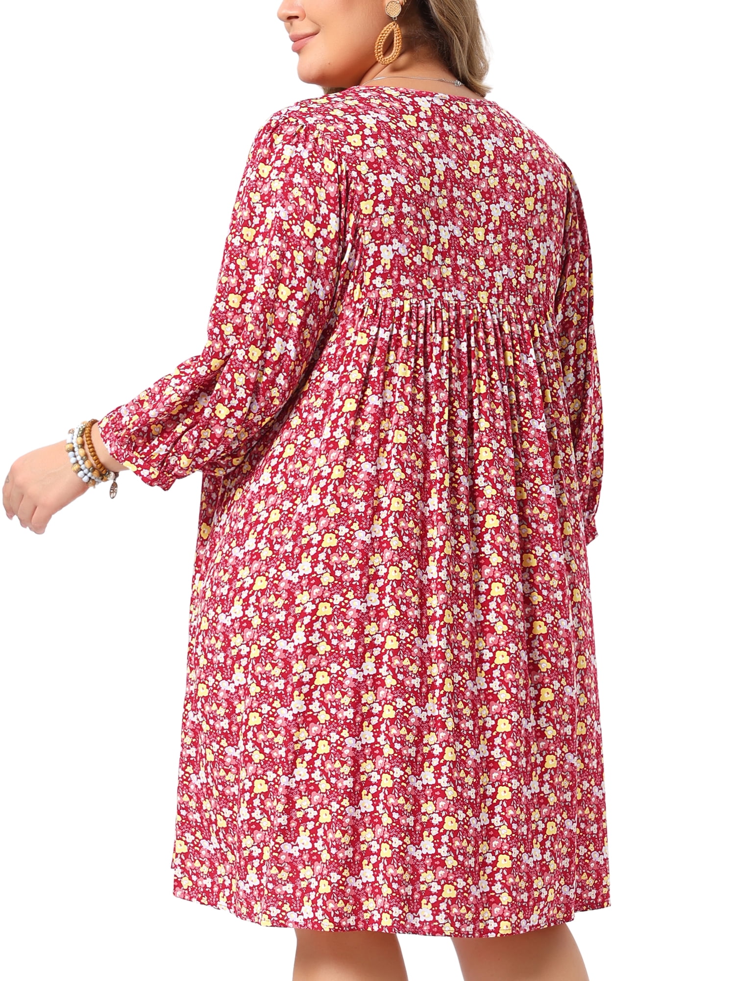 DARING DIVA Women's Plus Size Drawstring V Neck Babydoll Midi Flowy Dress 1X Red