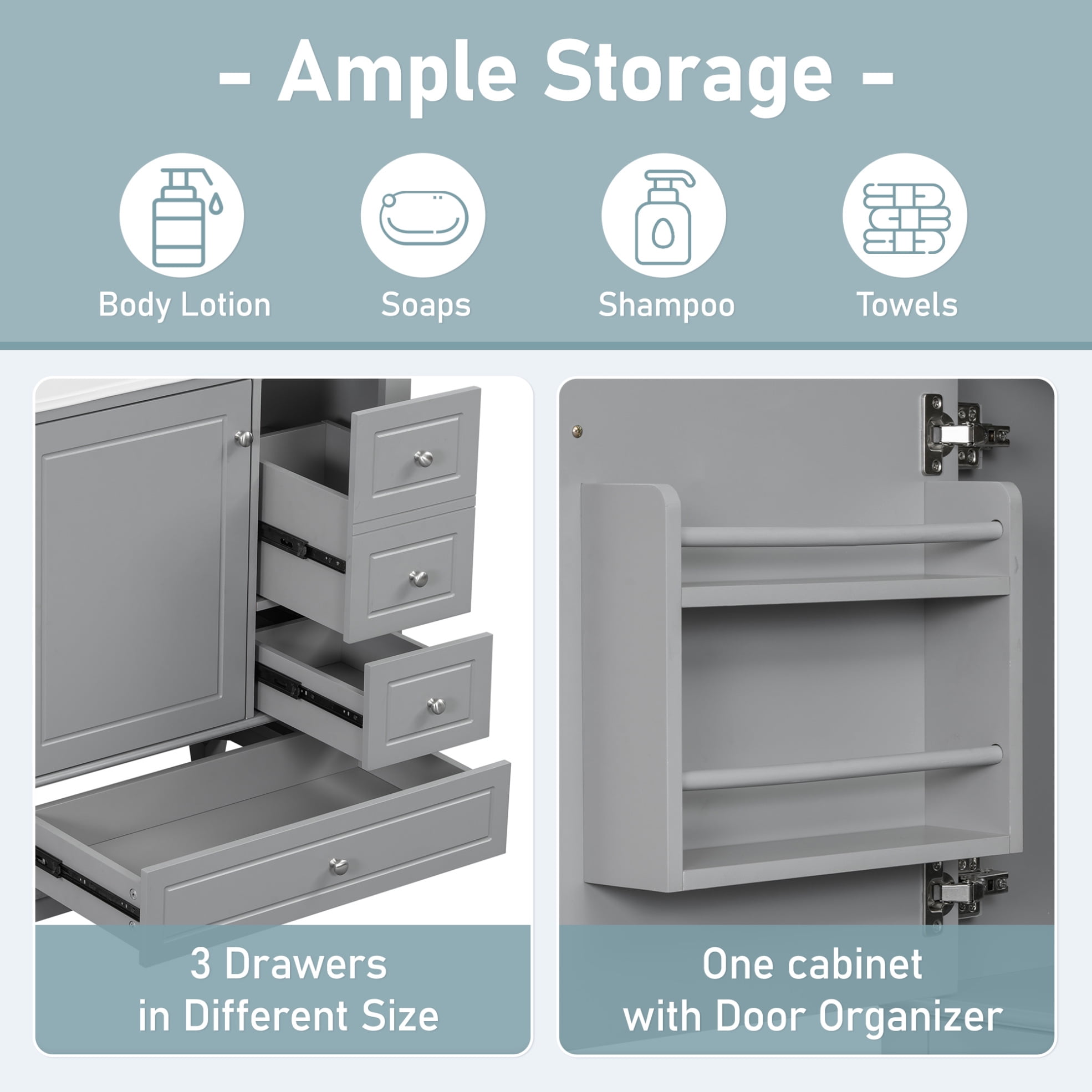 30" Bathroom Vanity with Sink Combo, Modern Bathroom Storage Cabinet with 3 Drawers and 1 Soft Closing Door, Freestanding Solid Wood Bathroom Vanities, Grey