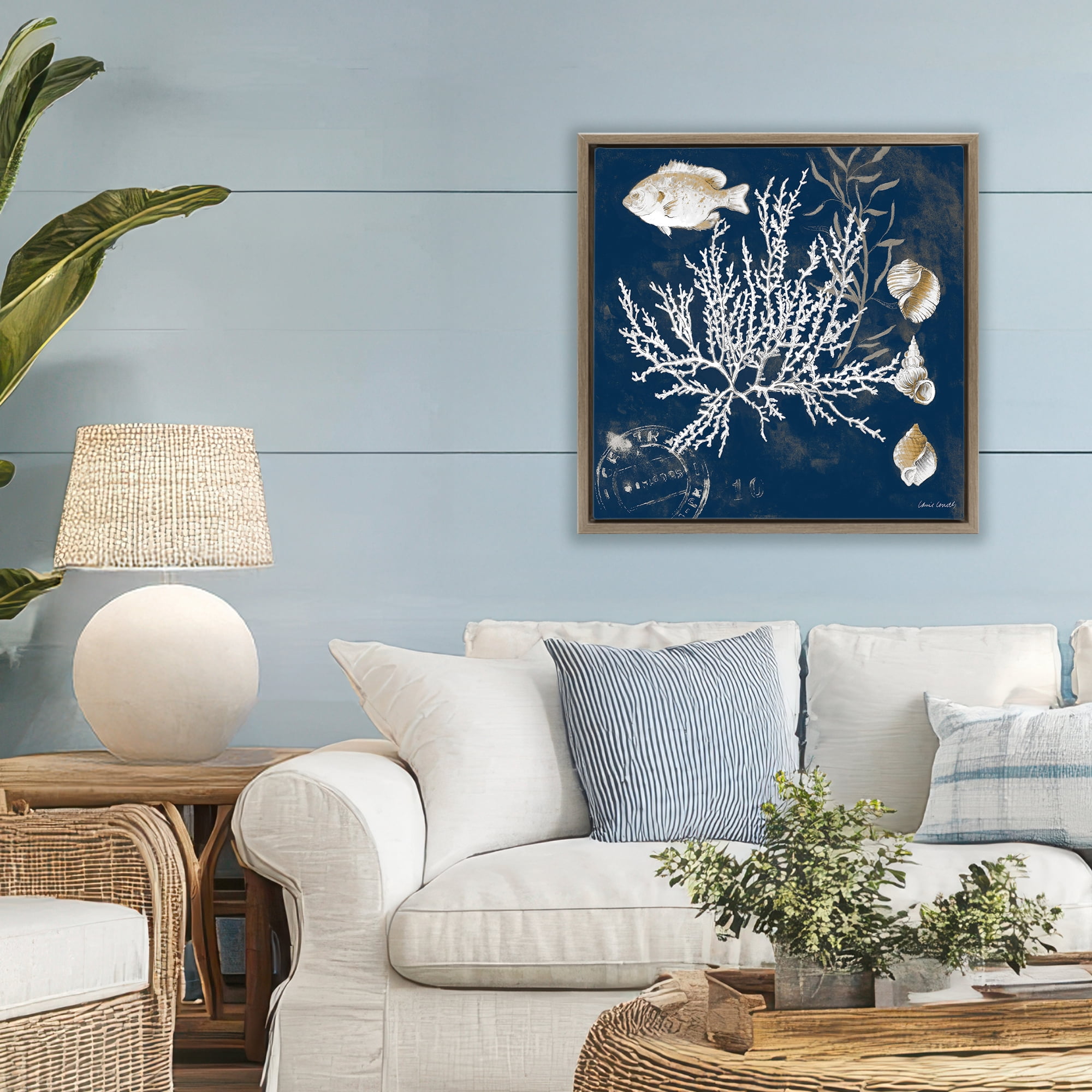 Stupell Industries Coral Medley on Blue Brown Framed Floater Canvas Wall Art, design by Lanie Loreth