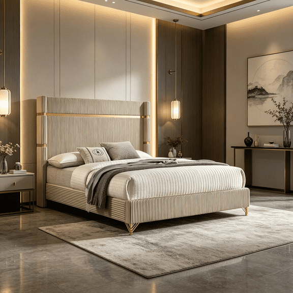 JERFIT Beige Velvet Upholstered King Bed with Wingback Headboard and Gold Metal Legs, Modern Bedroom Platform Bed Frame