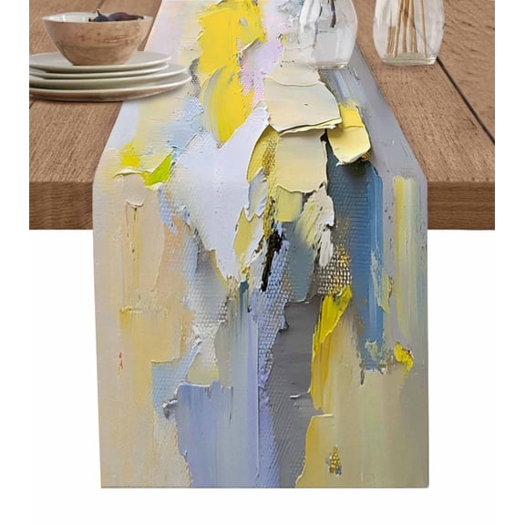 Coastal Beach Table Runner 72 Inches, Abstract Yellow Blue Oil Painting Art Bed Runner Dresser Scarves Tabletop for Indoor Outdoor Parties/Ceremony/Banquet, 13" x 72"