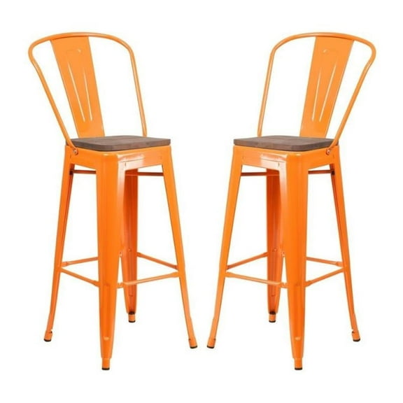 Home Square 30" Metal Bar Stool in Orange and Wood Grain - Set of 2