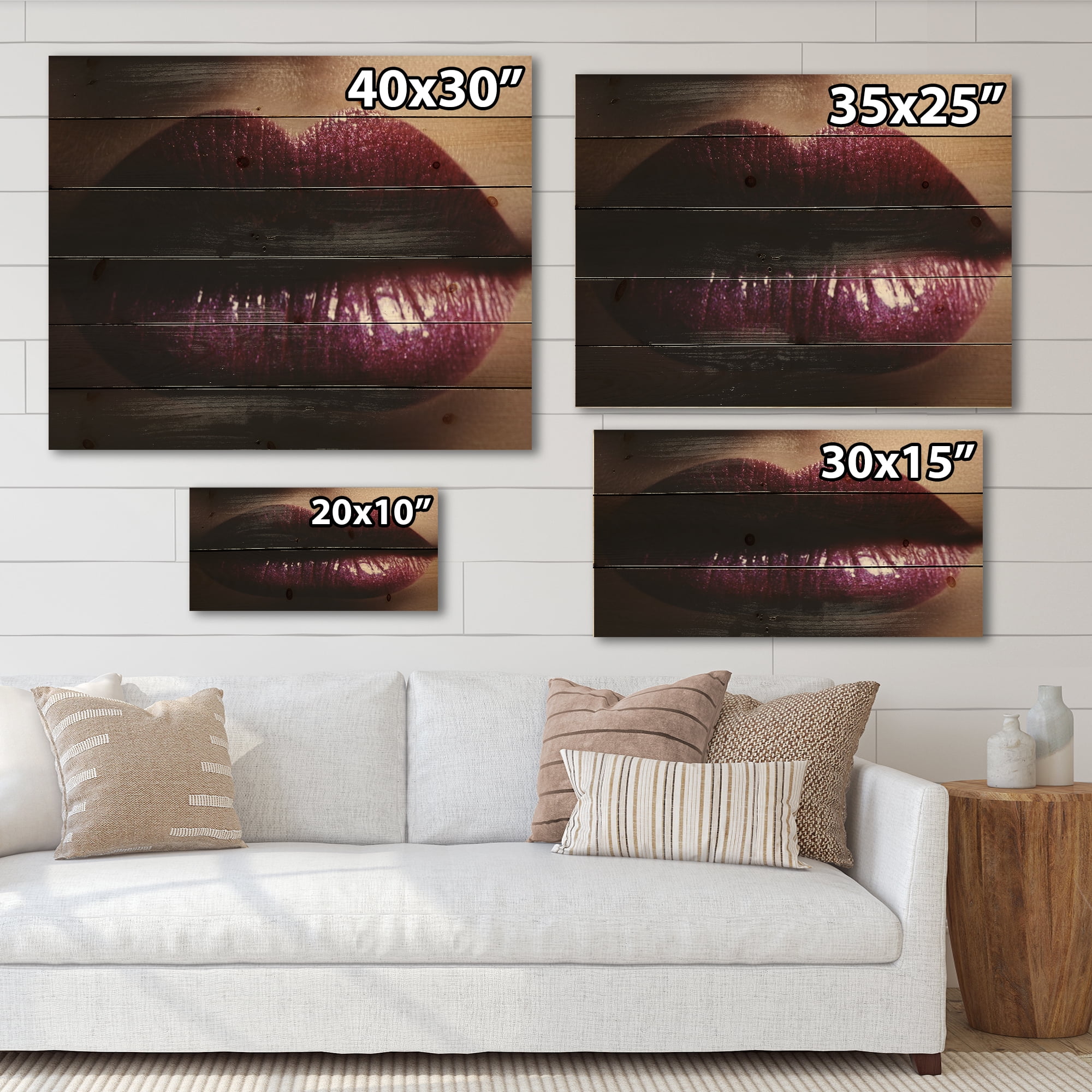 Designart 'Close-Up Of Woman Plump Lips With Glitter' Modern Print on Natural Pine Wood