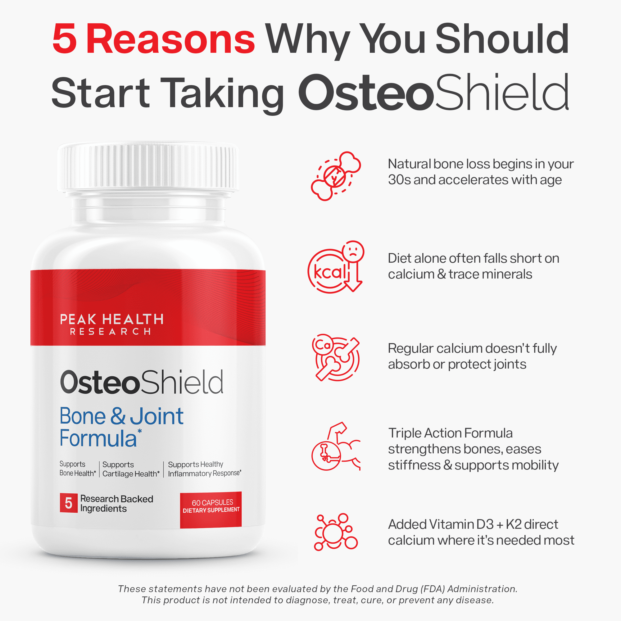 OsteoShield Peak Health Research, Calcium Supplements with Vitamin D3, K2 & Aquamin, 60 Capsules