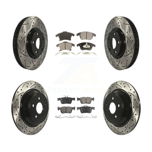 Transit Auto Front Rear Coated Drilled Slotted Disc Brake Rotors and Ceramic Pads Kit for Car 2019-2020 Ford SSV Plug-In Hybrid KDT-101096